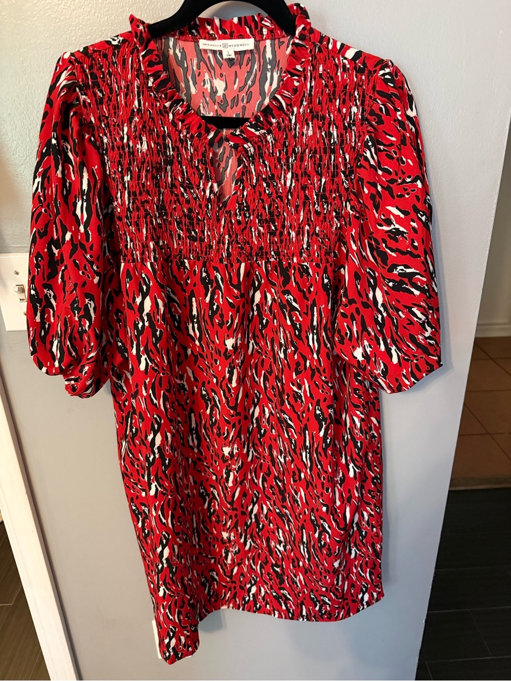 Red Patterned Smocked Mini Dress by Veronica Beard